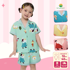 Bộ pijama lanh bé gái mặc nhà  Việt Thắng quần đùi áo cộc tay phối lụa họa tiết dễ thương B63.6095