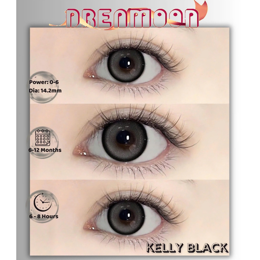 [LENS 6 Tháng] Kính áp tròng DREAMOON Kelly Black có viền, size vừa giãn tự nhiên (Tặng Khay Gương)