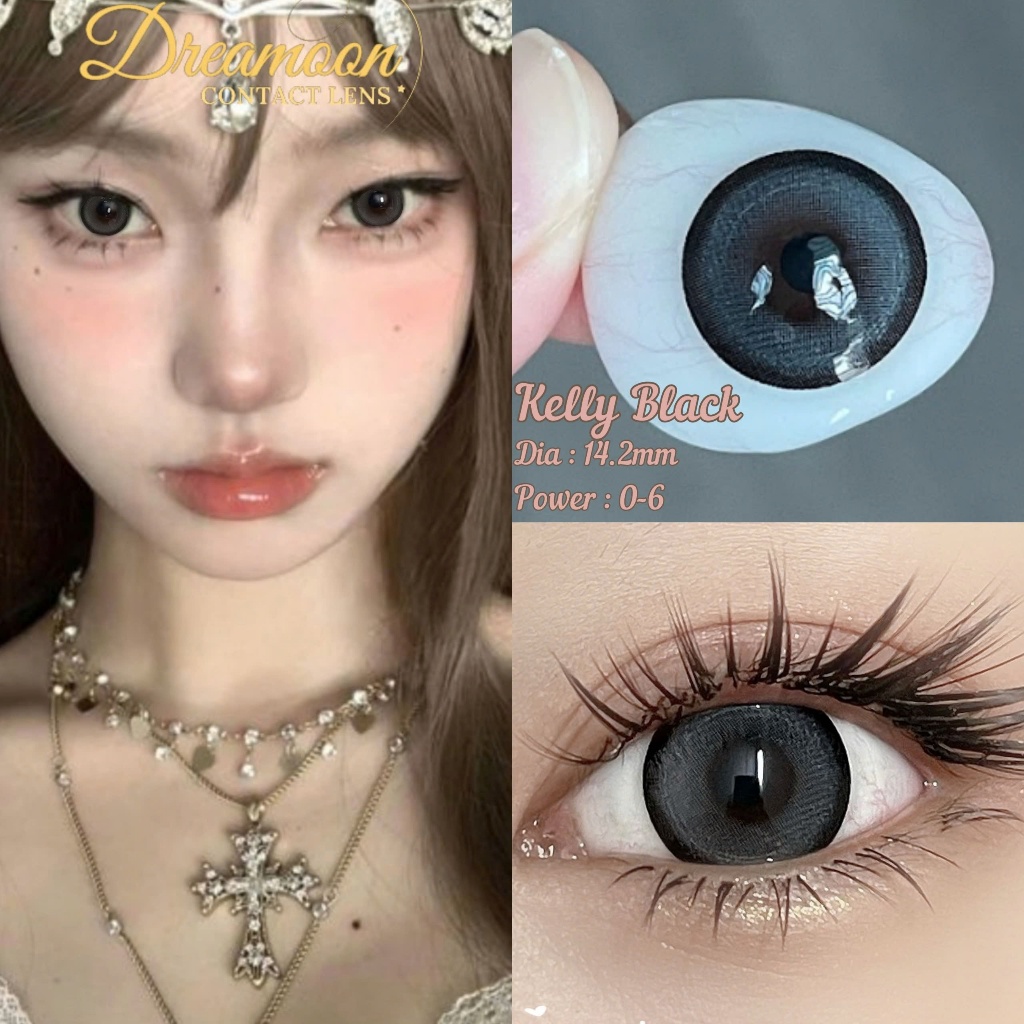 [LENS 6 Tháng] Kính áp tròng DREAMOON Kelly Black có viền, size vừa giãn tự nhiên (Tặng Khay Gương)