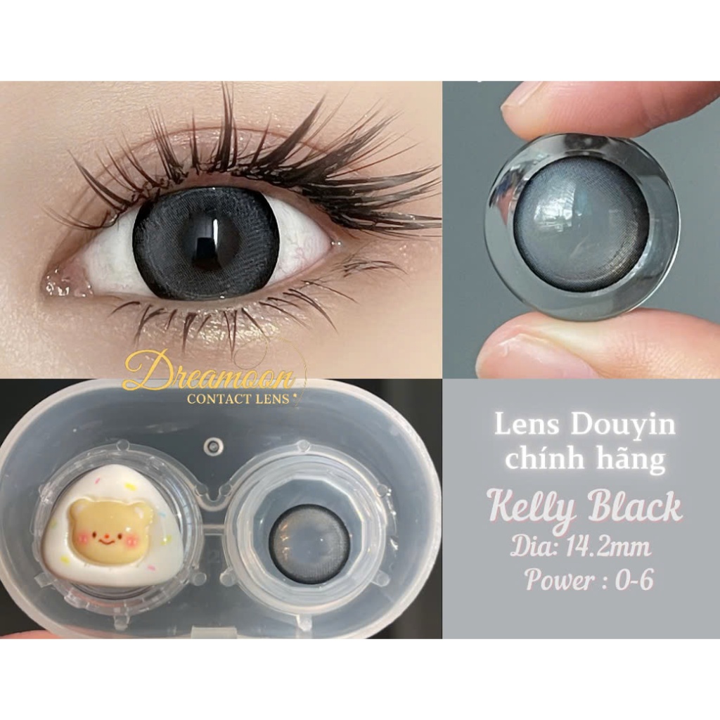 [LENS 6 Tháng] Kính áp tròng DREAMOON Kelly Black có viền, size vừa giãn tự nhiên (Tặng Khay Gương)