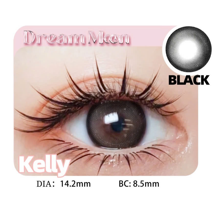 [LENS 6 Tháng] Kính áp tròng DREAMOON Kelly Black có viền, size vừa giãn tự nhiên (Tặng Khay Gương)