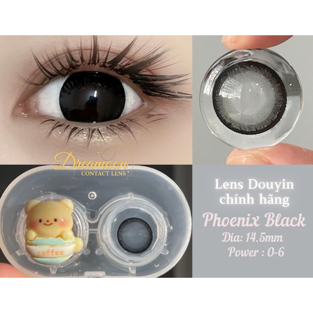 [LENS 6 Tháng] Kính áp tròng DREAMOON Phoenix Black, viền đen, size vừa (Tặng Khay Gương)