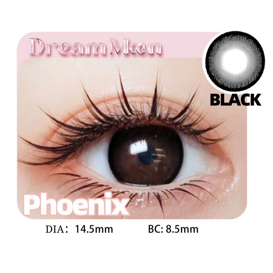 [LENS 6 Tháng] Kính áp tròng DREAMOON Phoenix Black, viền đen, size vừa (Tặng Khay Gương)