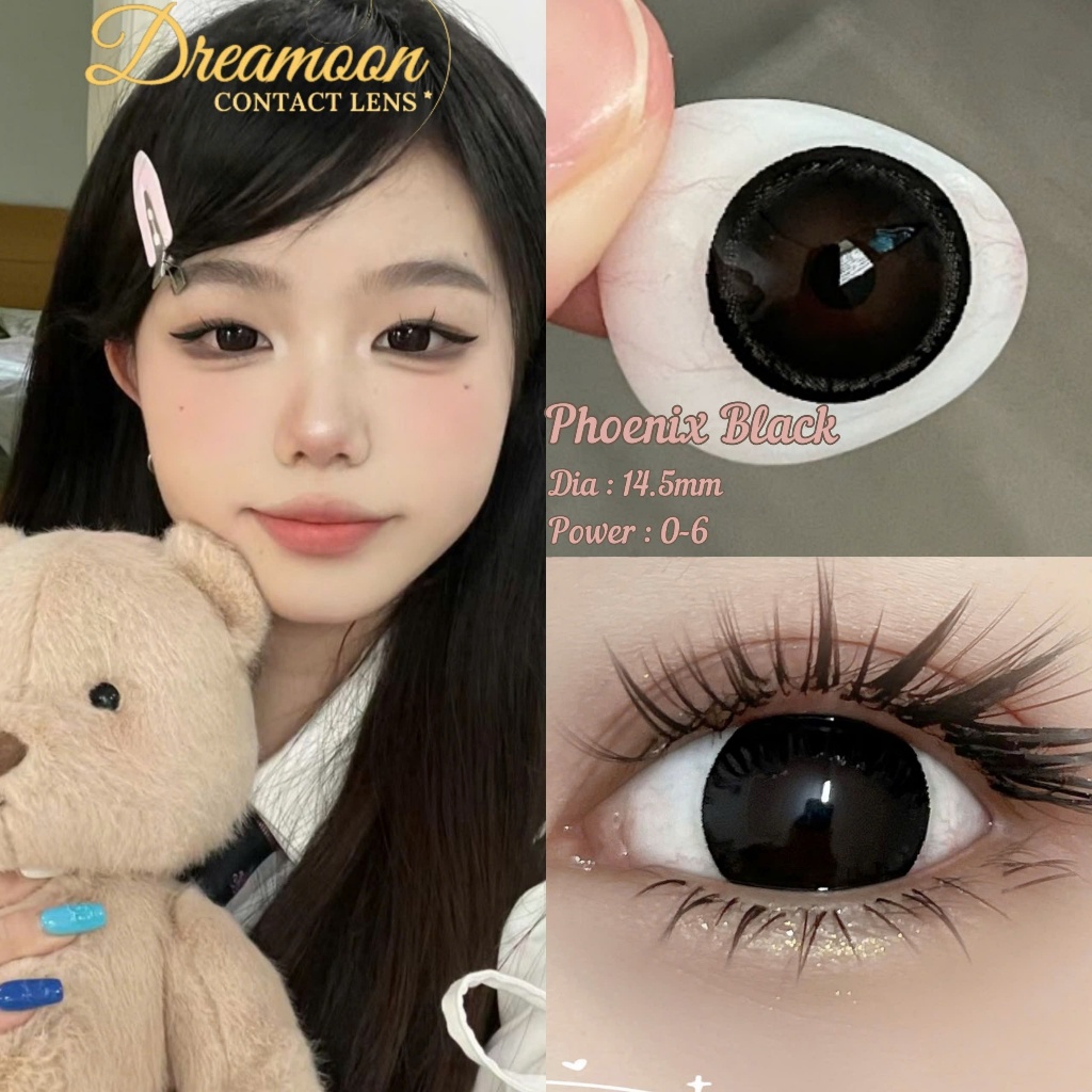 [LENS 6 Tháng] Kính áp tròng DREAMOON Phoenix Black, viền đen, size vừa (Tặng Khay Gương)