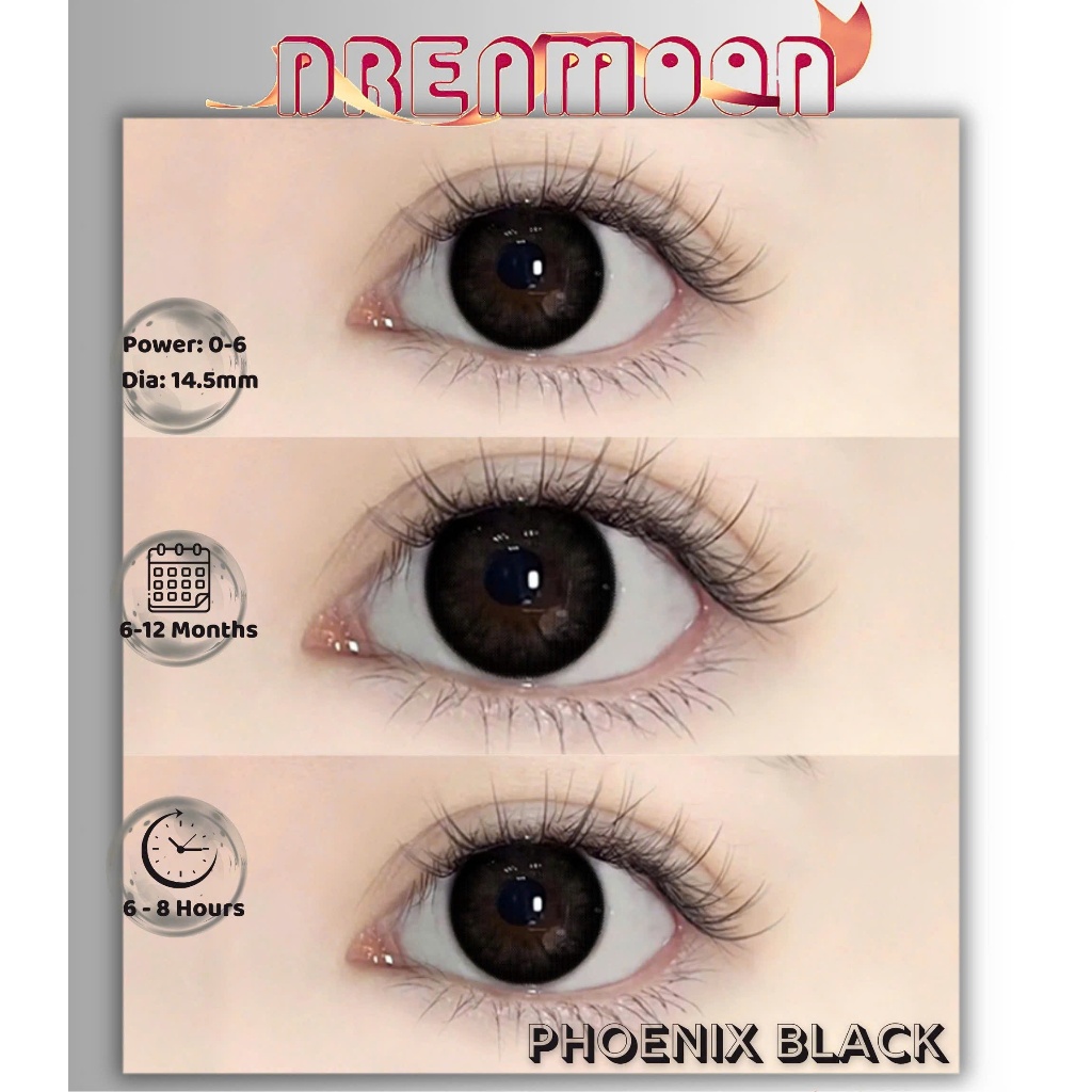 [LENS 6 Tháng] Kính áp tròng DREAMOON Phoenix Black, viền đen, size vừa (Tặng Khay Gương)