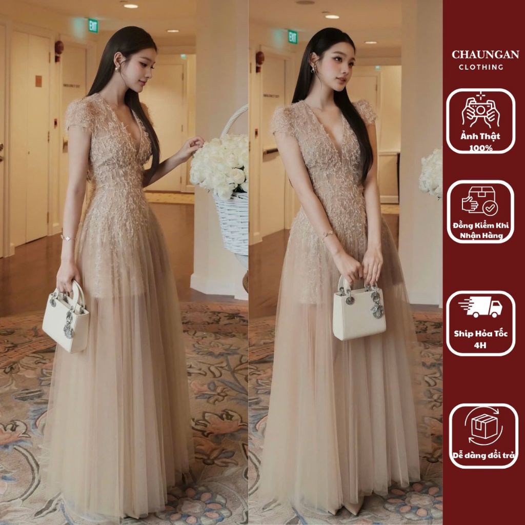 Đầm Dạ Hội Cổ V Sâu Thêu Ren Nổi Cao Cấp Phối Tùng Voan Bay Bổng CHUẨN CHOUCHOU