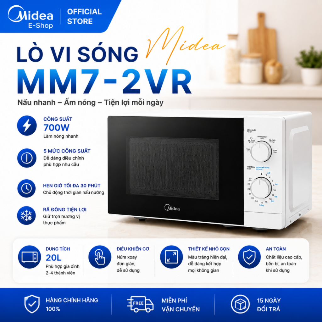 Lò Vi Sóng Midea MM7-2VR 20L 700W Hâm Nóng Rã Đông Nhanh Điều Khiển Cơ Chính Hãng