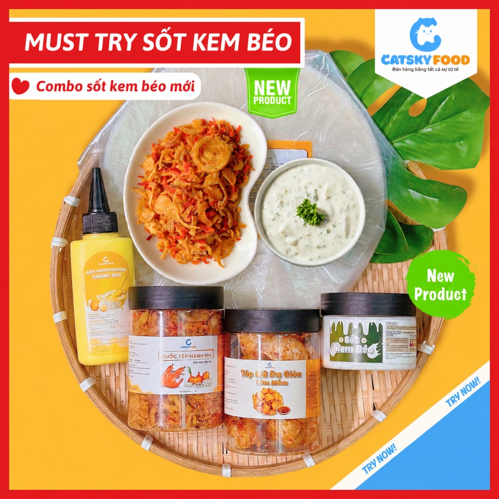 Bánh tráng phơi sương CATSKY FOOD combo bánh tráng sốt muối béo đồ ăn vặt tiện lợi - COMBO MUST TRY