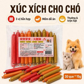 Xúc Xích Cho Chó 30 Que 15g, Snack Thưởng Cho Chó Mèo Vị Hỗn Hợp, Mềm Dễ Ăn, Hỗ Trợ Bé Kén Ăn