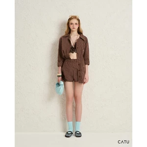 TUBYCATU Set Espresso Lace Áo Sơ Mi Tay Dài Kẻ Sọc + Quần Short Phối Ren (KHÔNG KÈM BRA)