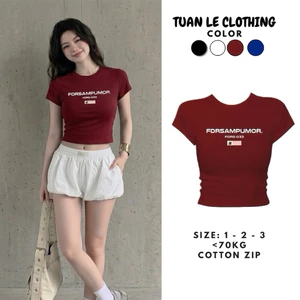 Áo Thun Croptop Nữ Basic Tay Ngắn In Hình Chữ FDRSAMPUMOS Dáng Ngắn Ôm Body Chất Cotton 4 Chiều