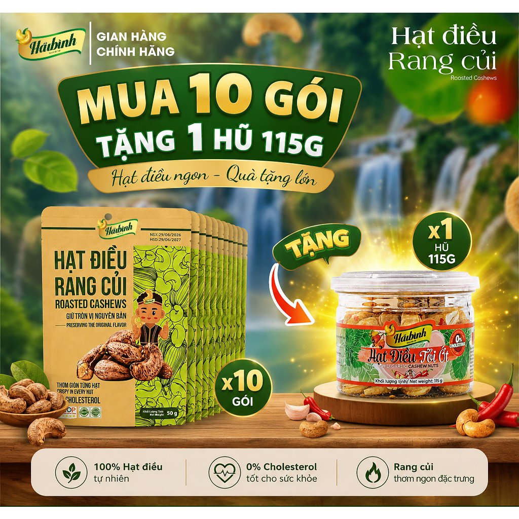 [Mua 10 tặng 1 hũ tỏi ớt 115g] Hạt điều rang củi Hải Bình Gia Lai Túi 50g - Hàng mới rang