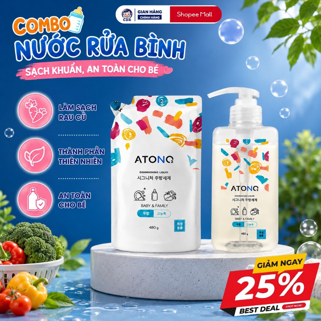 Combo 2 nước rửa bình sữa thuần chay Atono2 Hàn Quốc, nước rửa bình, chén bát, rau củ quả cho bé