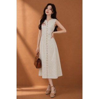 SWANLAKE | Váy Đầm Nữ Suông Dài Sát Nách Cài Nút Cổ Chữ V Vải Linen Thêu Hoa Công Sở Dạo Phố D13735