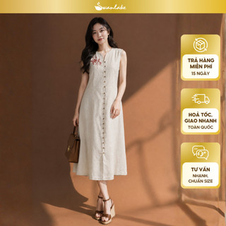 SWANLAKE | Váy Đầm Nữ Suông Dài Sát Nách Cài Nút Cổ Chữ V Vải Linen Thêu Hoa Công Sở Dạo Phố D13735