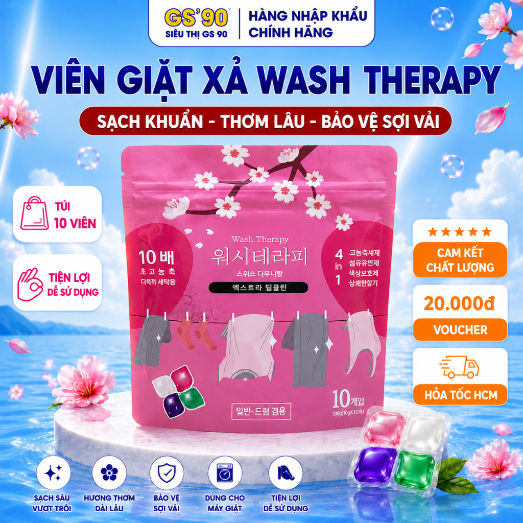 Viên Giặt Xả Wash Therapy 4in1 Túi 10 Viên Tiết Kiệm, Giặt Sạch Thơm Lâu, Bảo Vệ Sợi Vải, Đậm Đặc Tiện Lợi