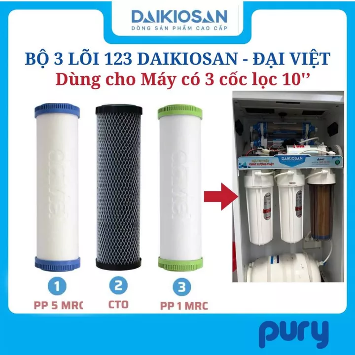 Bộ 3 lõi lọc nước 123 Daikiosan - Đại Việt (PP 5-CTO-PP 1micron) - Dùng cho tất cả máy lọc nước RO Daiko,Makano...
