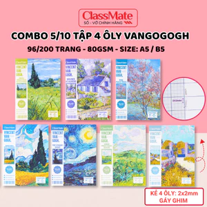 Combo 5/10 Tập 4 ÔLy A5 B5 Vangogh Classmate 80gsm Bìa Chống Nước, Tập Học Sinh 96/200 Trang Giấy Ăn Mực