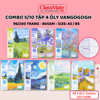 [GIẢM 5K]Combo 5/10 Tập 4 ÔLy A5 B5 Vangogh Classmate 80gsm Bìa Chống Nước, Tập Học Sinh 96/200 Trang Giấy Ăn Mực
