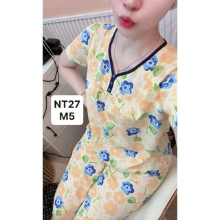 NT27-Tay ngắn quần dài cổ viền V 2 nút tole lanh mặc nhà thấm hút mồ hôi dành cho nữ 45kg-70kg