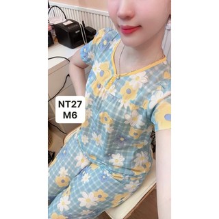 NT27-Tay ngắn quần dài cổ viền V 2 nút tole lanh mặc nhà thấm hút mồ hôi dành cho nữ 45kg-70kg