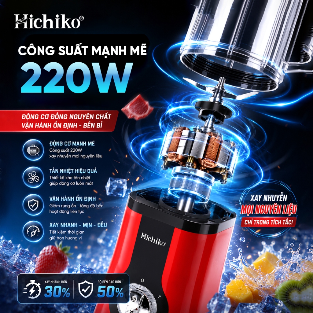 Máy xay đa năng 3 cối Hichiko, kháng vỡ, lưỡi Inox cao cấp xay cực nhuyễn,  HC - 3302