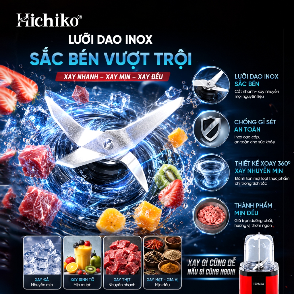 Máy xay đa năng 3 cối Hichiko, kháng vỡ, lưỡi Inox cao cấp xay cực nhuyễn,  HC - 3302