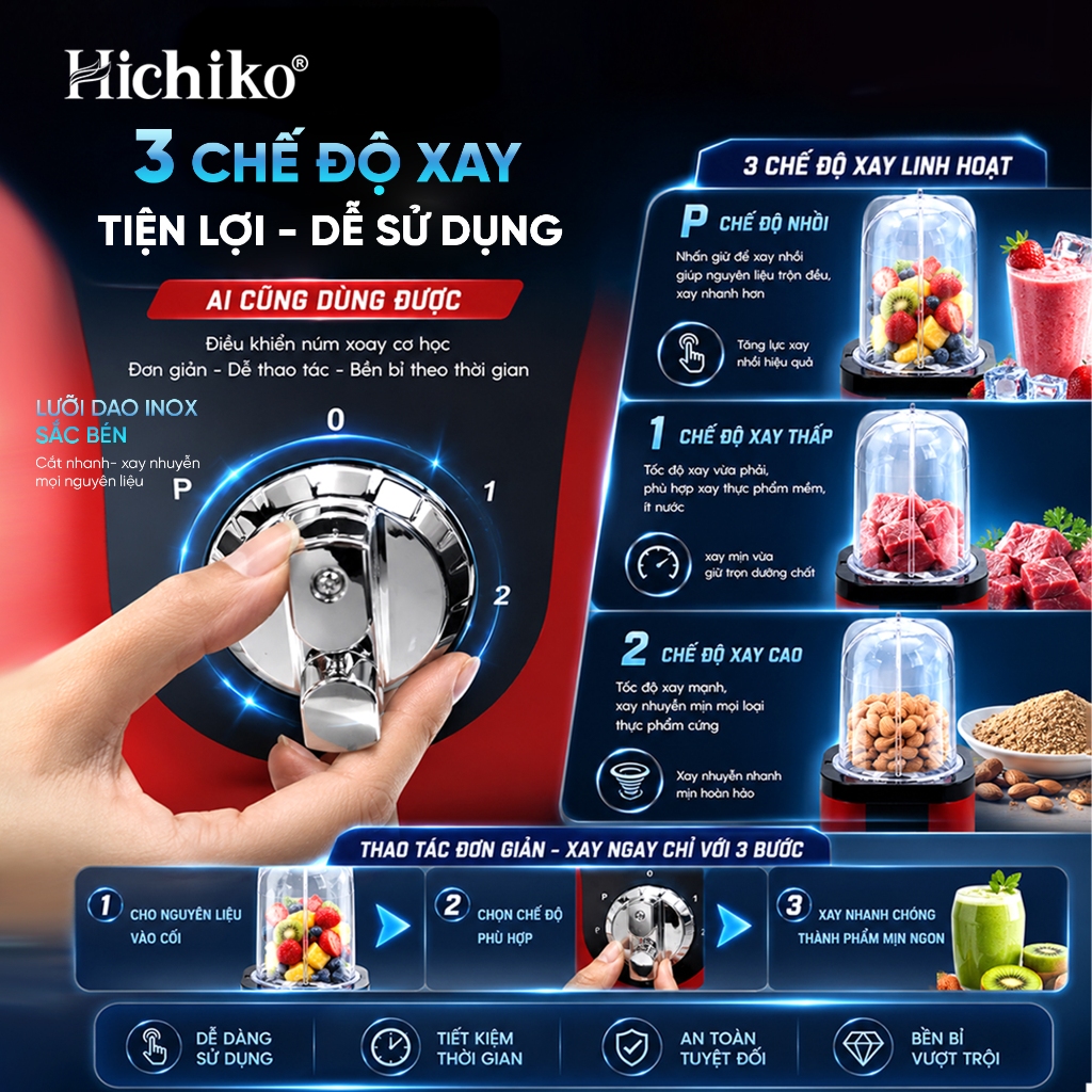 Máy xay đa năng 3 cối Hichiko, kháng vỡ, lưỡi Inox cao cấp xay cực nhuyễn,  HC - 3302