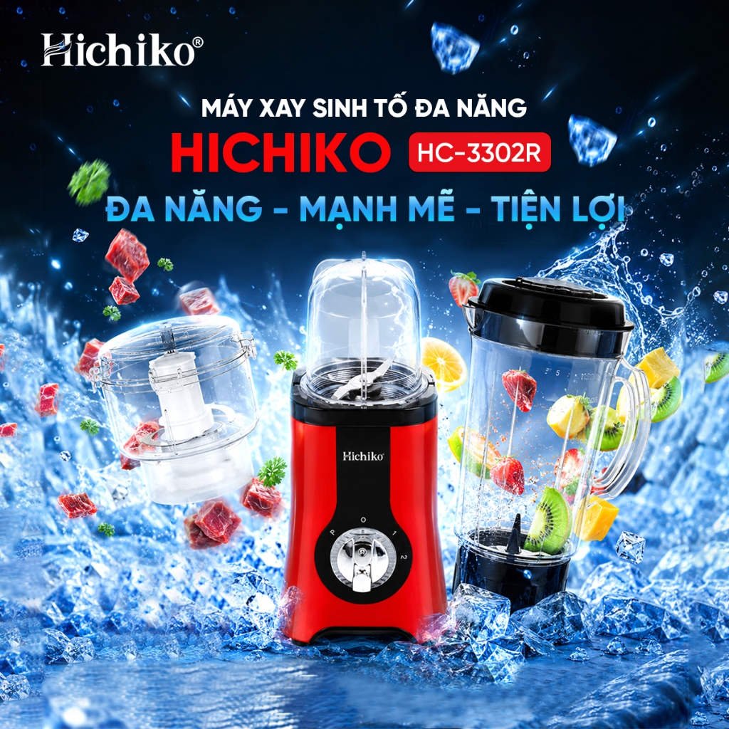 Máy xay đa năng 3 cối Hichiko, kháng vỡ, lưỡi Inox cao cấp xay cực nhuyễn,  HC - 3302