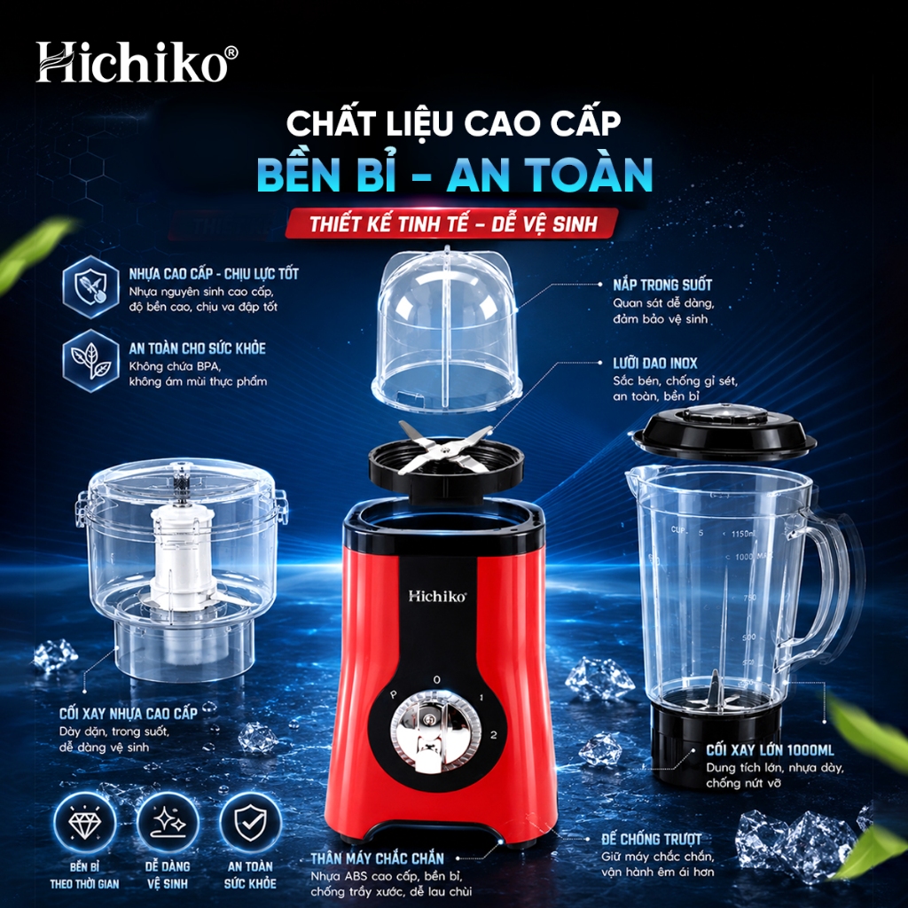 Máy xay đa năng 3 cối Hichiko, kháng vỡ, lưỡi Inox cao cấp xay cực nhuyễn,  HC - 3302
