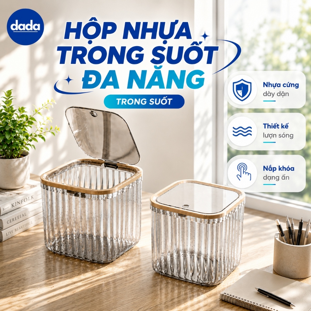 Hộp Nhựa Trong Suốt Đựng Đồ Trang Sức Mỹ Phẩm, Thùng Rác Mini Để Bàn Có Nắp Bật Kiểu Dáng Hiện Đại