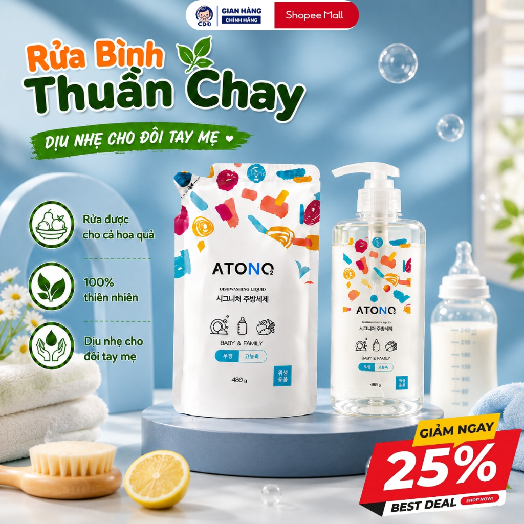 Nước rửa bình sữa, chén bát đậm đặc thuần chay ATONO2 Hàn Quốc, nước rửa rau củ quả cho bé