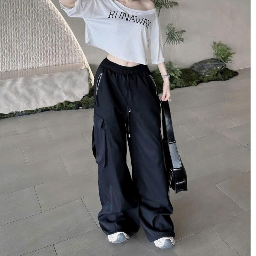 Quần Ống Suông Cạp Chun, Quân Baggy Kaki Ống Rộng Nam Nữ Màu Đen Xám Ulzzang Unisex