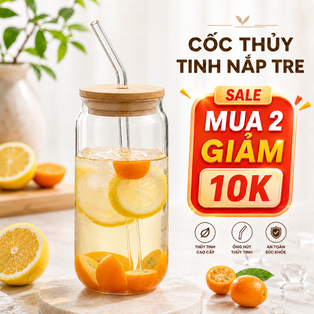 Ly Thủy Tinh Chịu Nhiệt có Nắp Tre và Có Ống Hút Thủy Tinh 500ml - Gia dụng Thu Hương