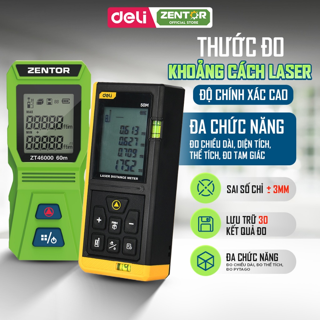 [Hỏa Tốc] Thước Đo Khoảng Cách Laser ZENTOR DELI 60m 100m-Máy Đo Khoảng Cách Laser Chính Xác Không Hại Mắt Đo Nhanh 0.5s