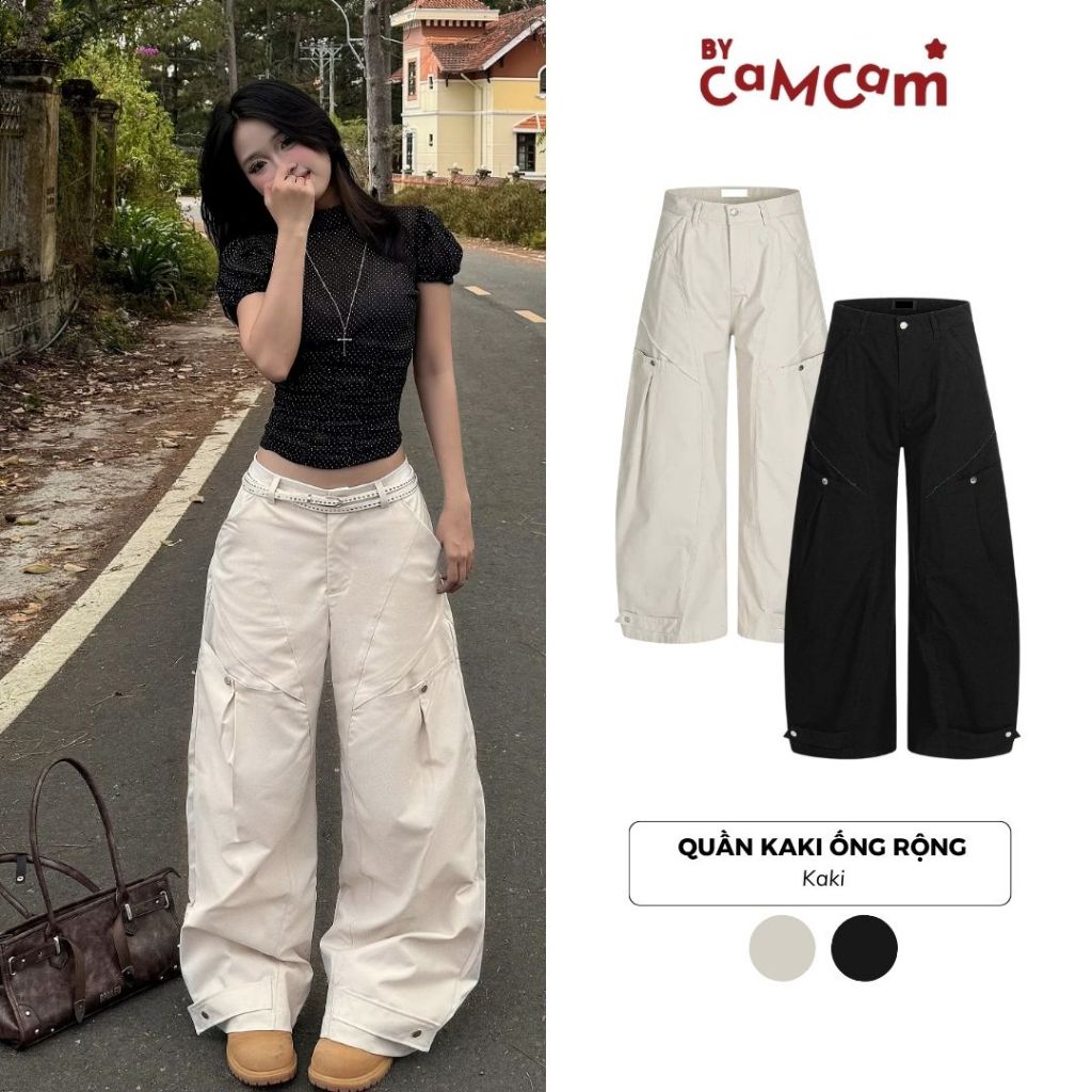 Quần Kaki Ống Rộng 𝑩𝒚𝒄𝒂𝒎𝒄𝒂𝒎 Đính Đinh Tán Phong Cách Retro Cá Tính QTD406