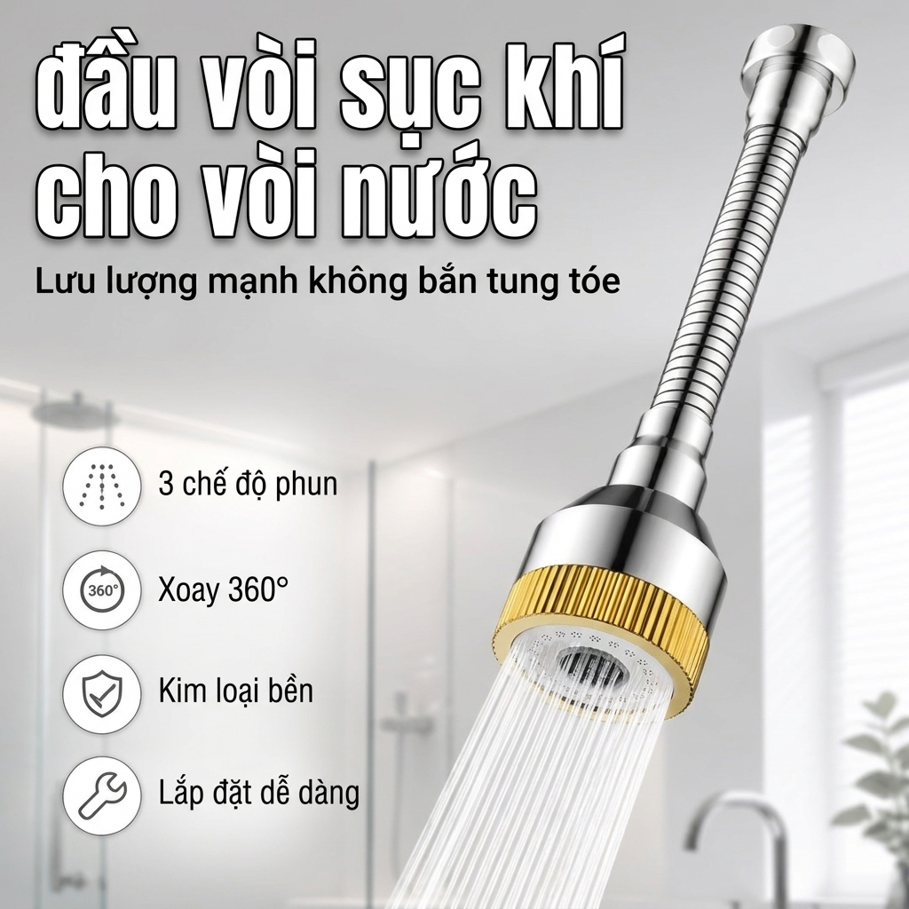Đầu Nối Vòi Nước tăng áp đồng 3 Chế độ Xoay 360 độ Chống Bắn đầu vòi rửa bát