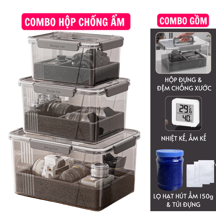 Combo hộp chống ẩm máy ảnh chuyên dụng cho DSLR, Mirrorlessi, Bridge, Compact- Hộp, đệm, ẩm kế, lọ hút ẩm 150g