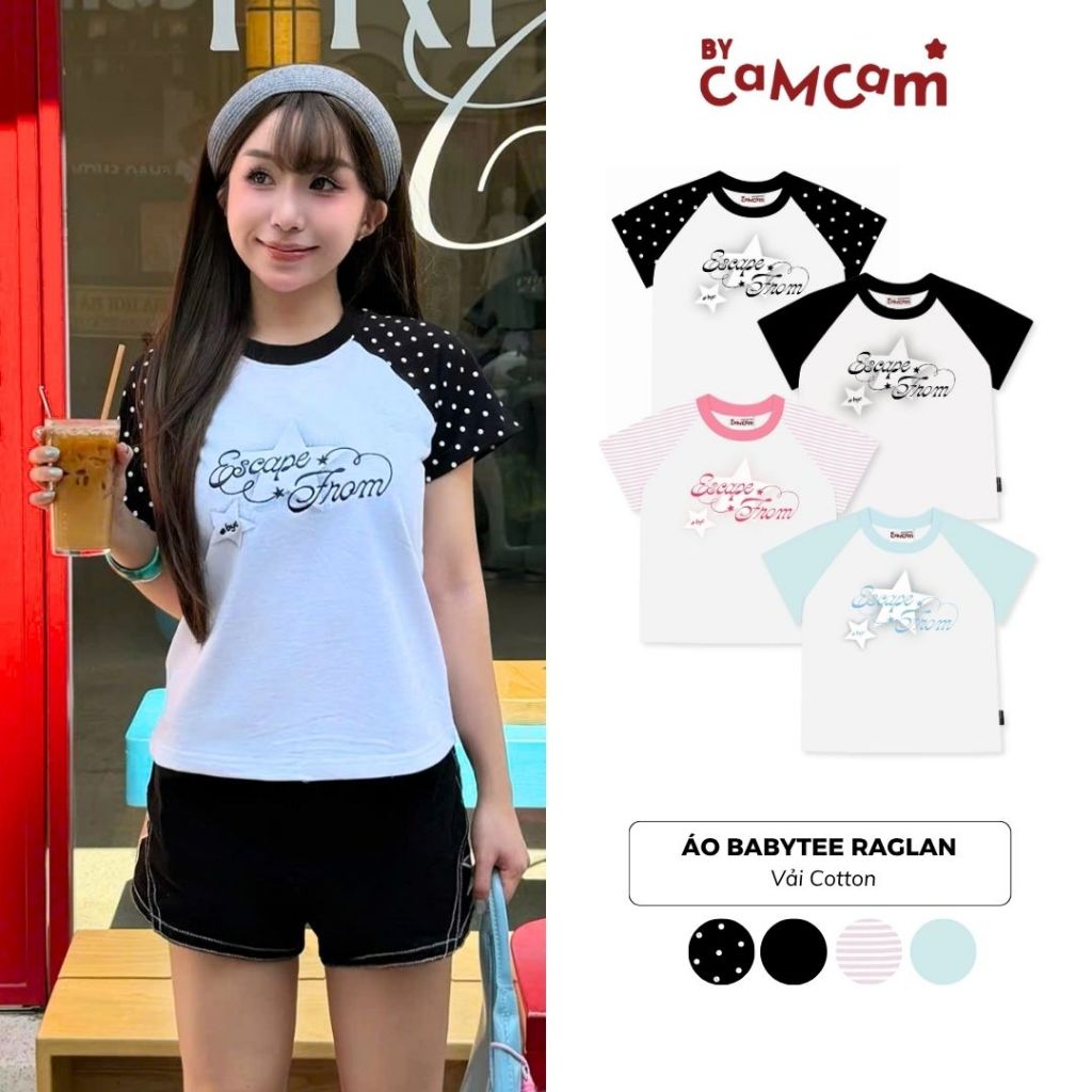 Áo Babytee Raglan 𝑩𝒚𝒄𝒂𝒎𝒄𝒂𝒎 ESCAPE FROM Thêu In Hiệu Ứng Phong Cách Cá Tính Năng Động ABN508