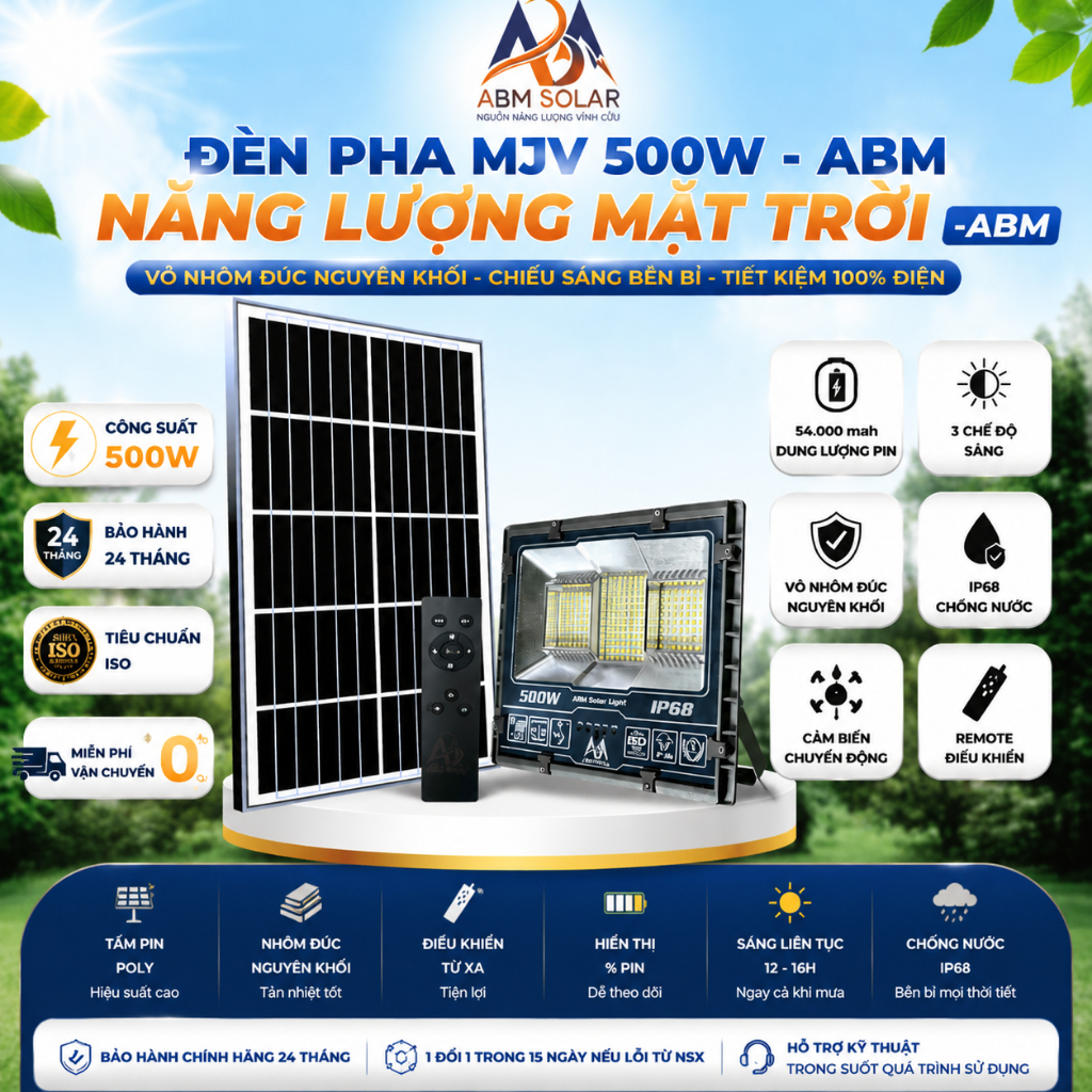 Đèn Năng Lượng Mặt Trời 500W ABM SOLAR, Đèn LED Ngoài Trời Nhôm Đúc Nguyên Khối, Pin 54000mAh, Đổi 3 Màu Ánh Sáng, IP68