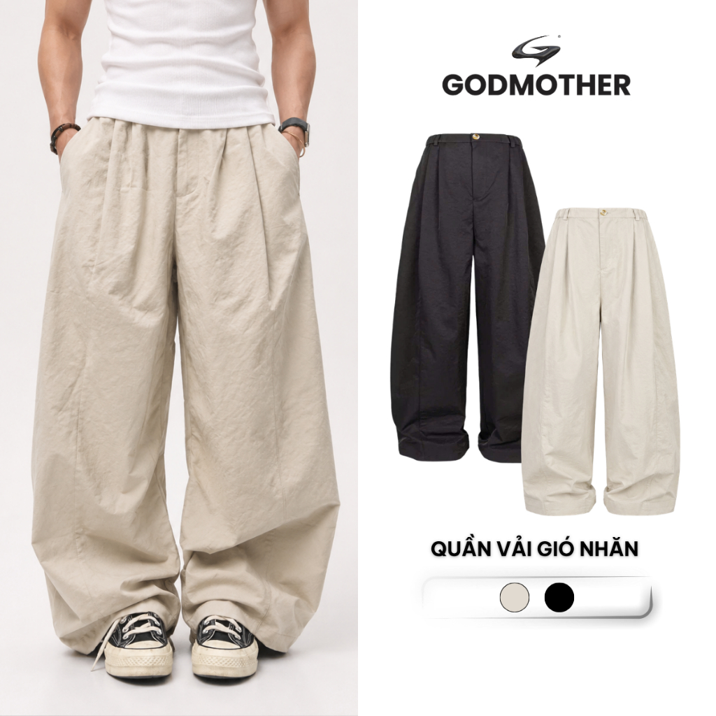 Quần Dài Vải Gió Nhăn Form Ống Rộng GODMOTHER Quần Dài Ống Rộng Vải Gió Nhăn Basic Street Style
