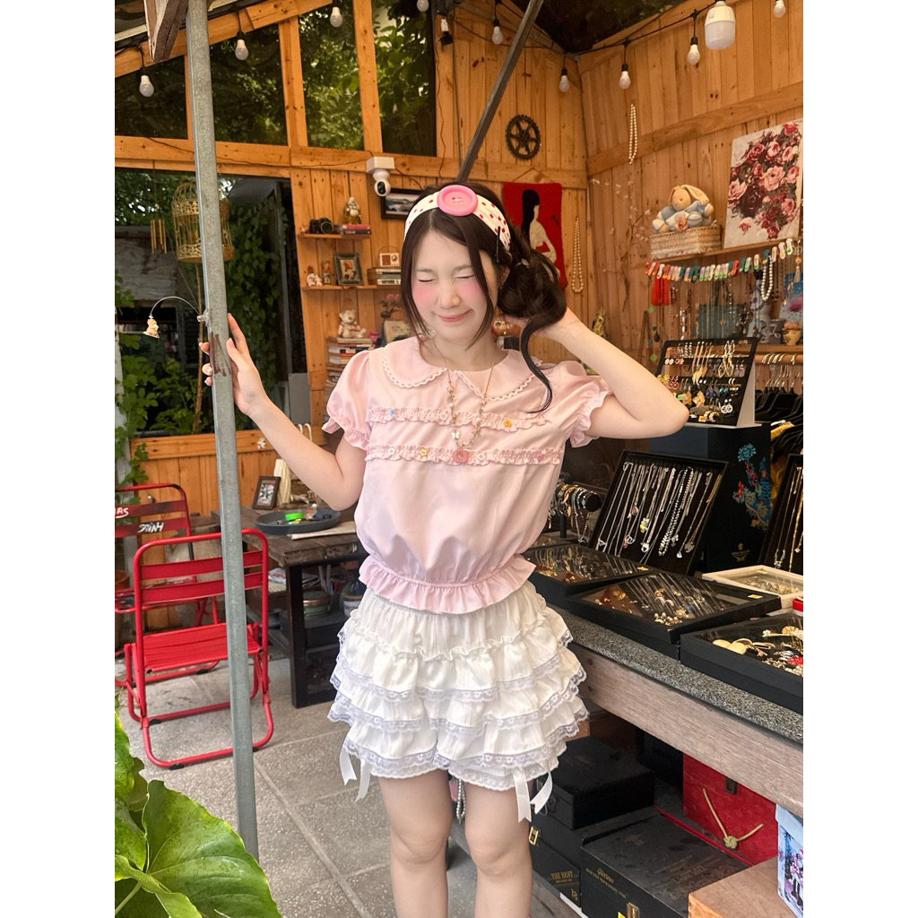 Áo Umi Babydoll kiểu Polo Phối Chun - Thiết Kế Dễ Thương Với Chi Tiết Ren Và Họa Tiết Hoa /TM/ | BigBuy360 - bigbuy360.vn