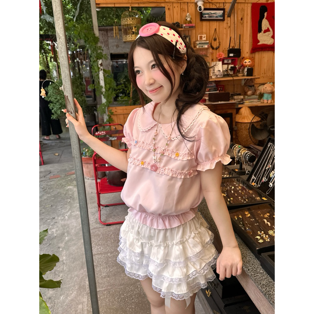 Áo Umi Babydoll kiểu Polo Phối Chun - Thiết Kế Dễ Thương Với Chi Tiết Ren Và Họa Tiết Hoa /TM/ | BigBuy360 - bigbuy360.vn