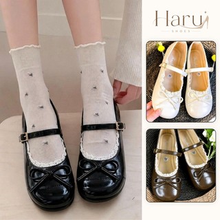 Giày búp bê da nữ, giày lolita mix ren, mũi tròn retro chất vân lỳ phối ren vibe tiểu thư, êm chân Haru Shoes M8