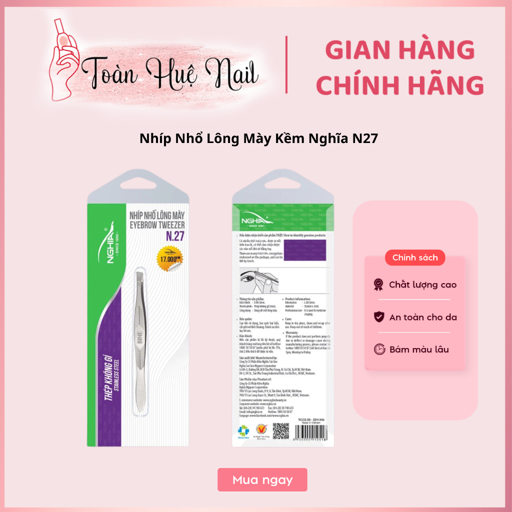 Nhíp Nhổ Lông Mày Kềm Nghĩa N27 (Inox/15gr): Bản Nhỏ, Đầu Xéo Mài Bén. Chuẩn ISO, Cầm Thuận Tay Châu Á.