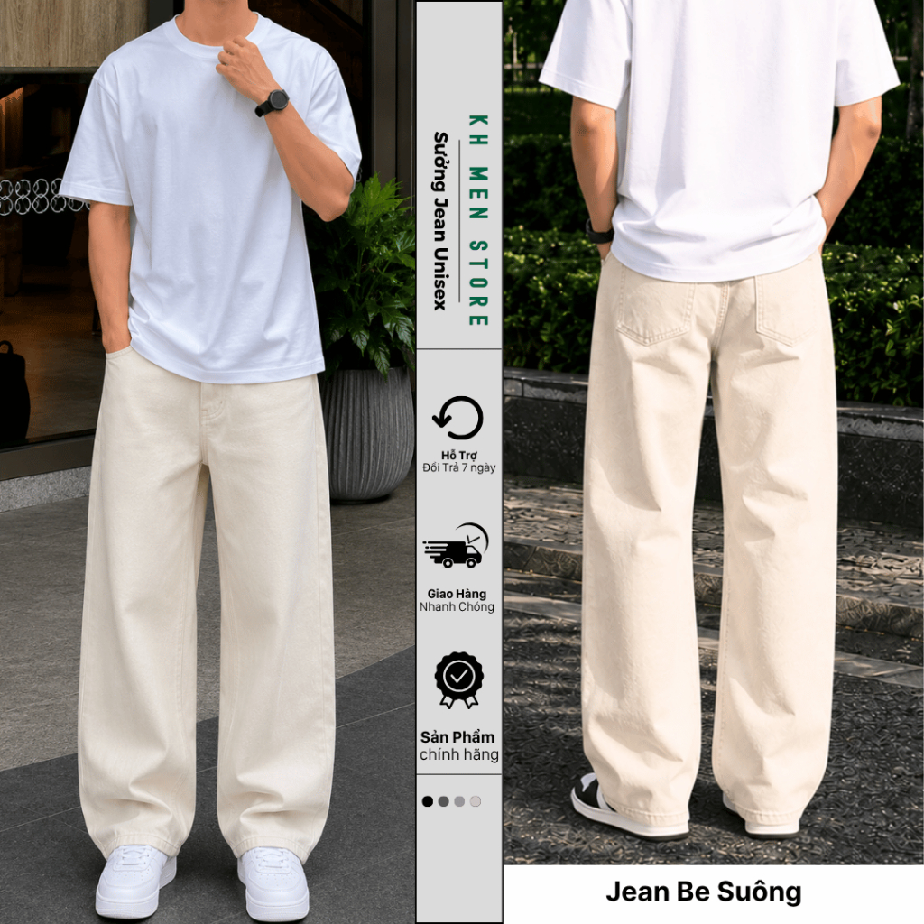 Quần jean nam ống suông rộng KH.MEN màu be kem basic form dáng hàn quốc chất liệu dầy dặn cao cấp