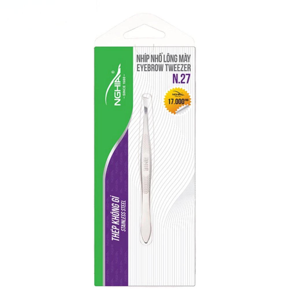 Nhíp Nhổ Lông Mày Kềm Nghĩa N27 (Inox/15gr): Bản Nhỏ, Đầu Xéo Mài Bén. Chuẩn ISO, Cầm Thuận Tay Châu Á.
