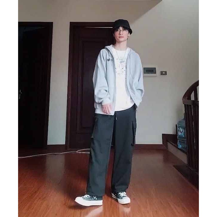 Quần Ống Suông Cạp Chun, Quân Baggy Kaki Ống Rộng Nam Nữ Màu Đen Xám Kem Ulzzang