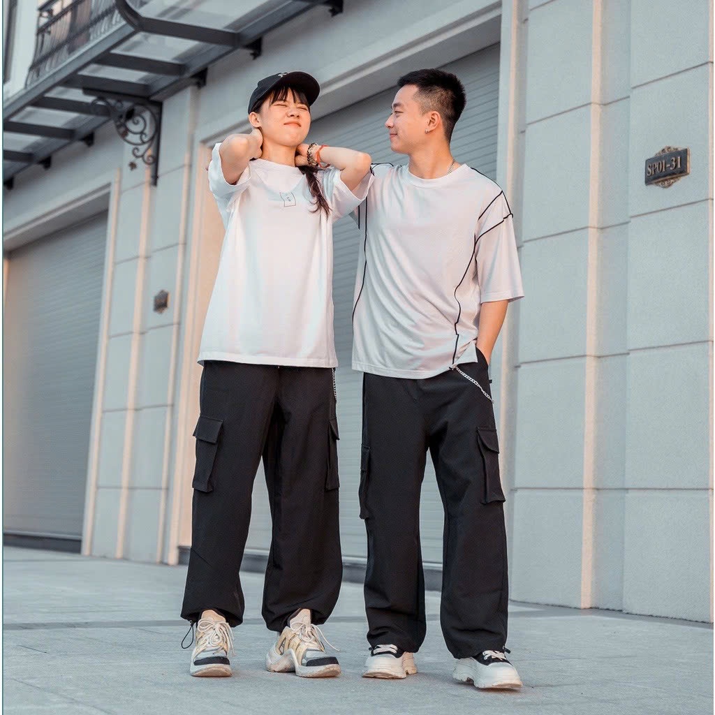 Quần Ống Suông Cạp Chun, Quân Baggy Kaki Ống Rộng Nam Nữ Màu Đen Xám Kem Ulzzang