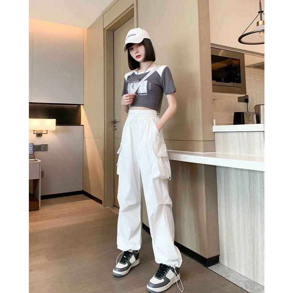 Quần Ống Suông Cạp Chun, Quân Baggy Kaki Ống Rộng Nam Nữ Màu Đen Xám Kem Ulzzang